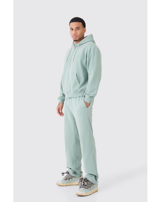 BoohooMAN Green Oversized Man Boxy Zip Hooded Washed Tracksuit for men