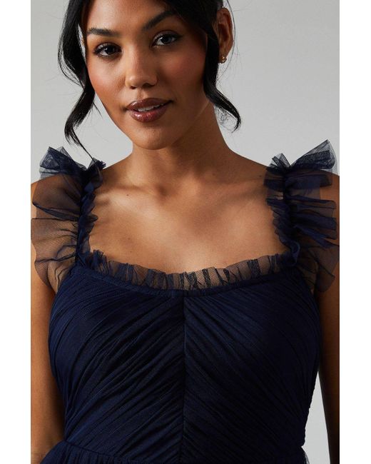 Oasis Blue Flutter Sleeve Tiered Mesh Bridesmaid Dress