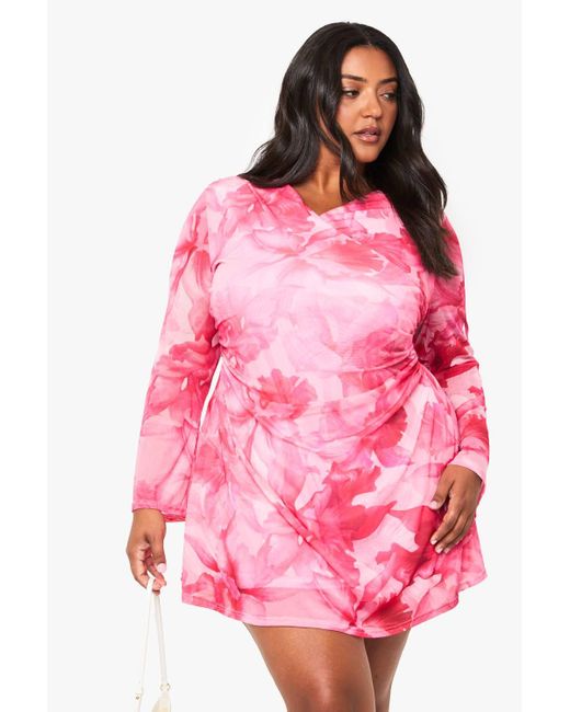 Boohoo Pink Plus Floral Mesh Wrap Mini Dress