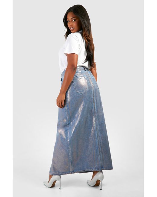 Boohoo Blue Plus Iridescent Metallic Coated Denim Maxi Skirt