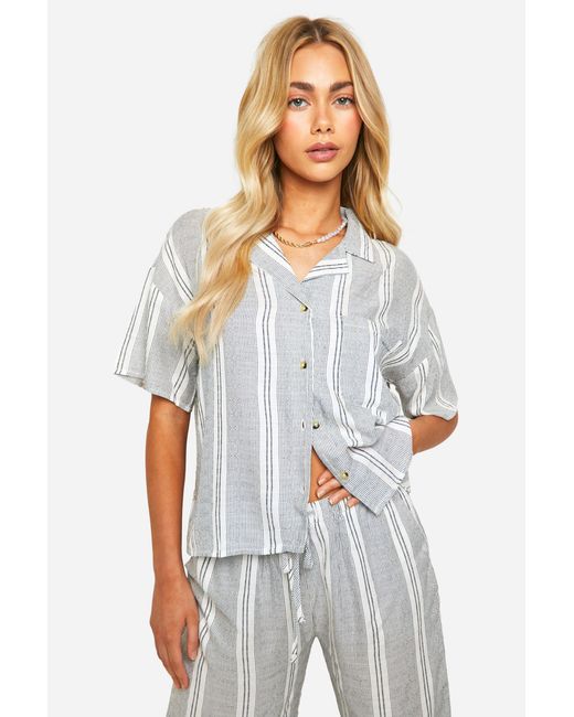Boohoo White Tonal Stripe Linen Look Relaxed Fit Shirt