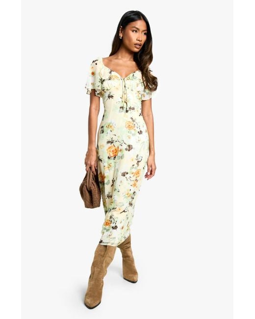 Boohoo Yellow Floral Angel Sleeve Midaxi Dress
