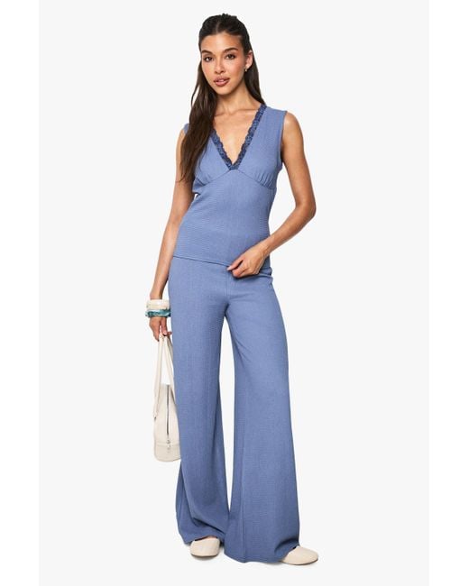 Boohoo Blue Textured Lace Trim V Neck Top And Wide Leg Trouser Co-Ord