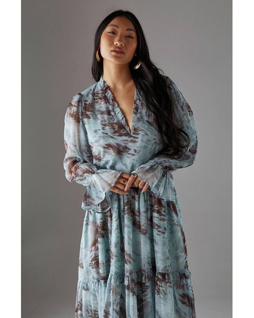 Warehouse Gray Petite Premium Raw Edge Georgette Tiered Maxi Dress