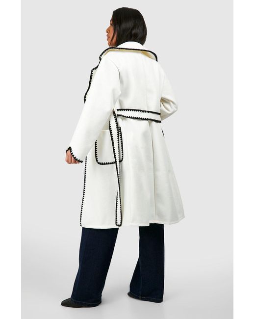 Boohoo White Petite Contrast Stitch Belted Wool Look Coat