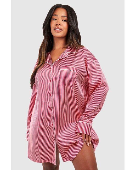 Boohoo Pink Plus Oversized Stripe Pj Night Shirt