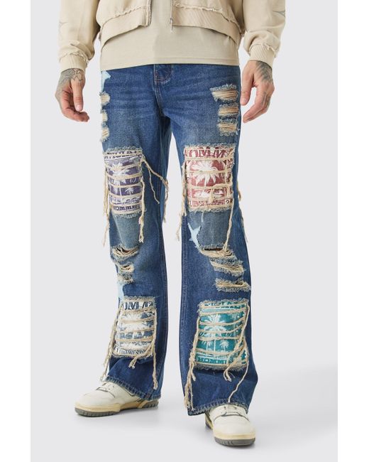 BoohooMAN Blue Tall Relaxed Rigid Flare Applique Jeans for men