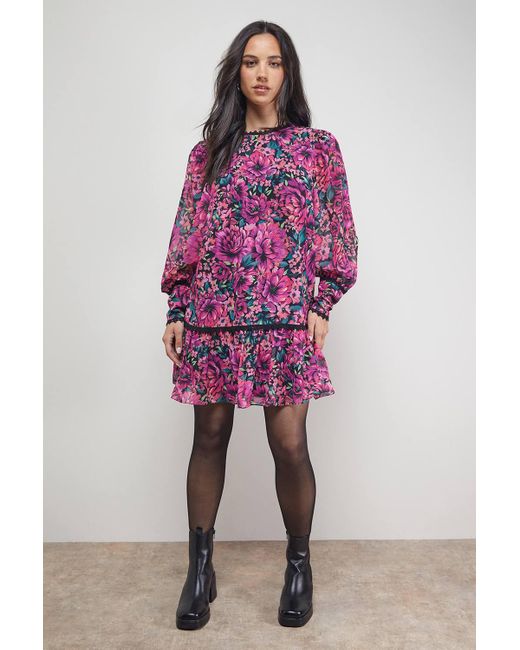 Oasis Purple Printed Blouson Sleeve Tie Back Mini Dress