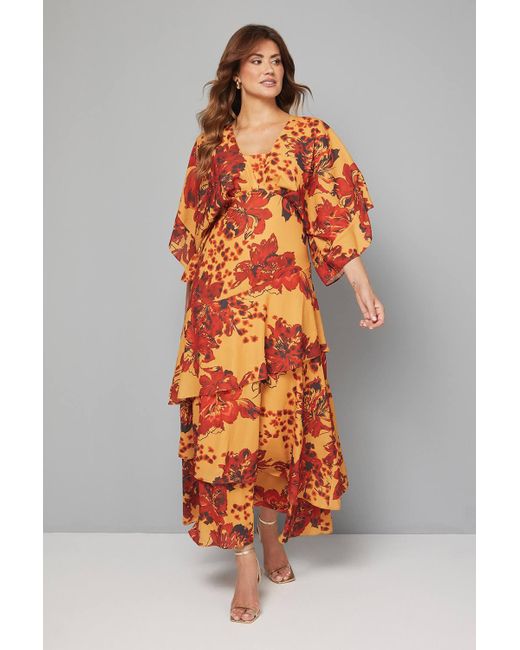 Wallis Women's Orange Floral Kimono Sleeve Tiered Maxi Dress
