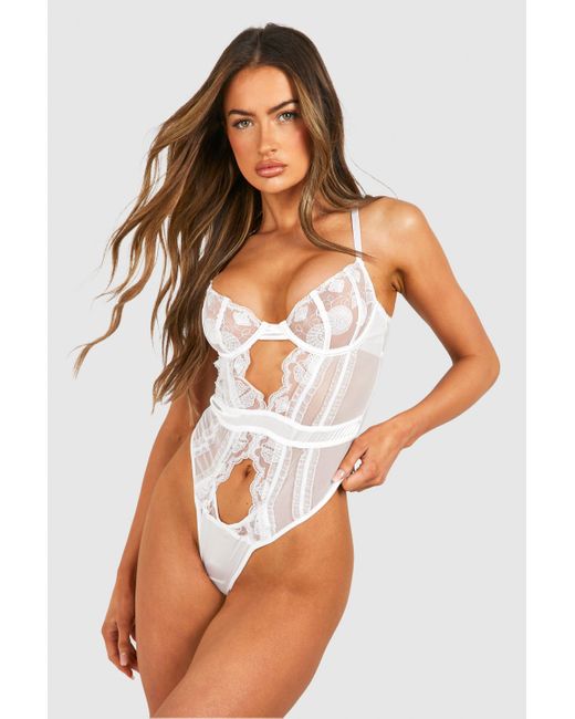 Boohoo White Bridal Embroidered One Piece