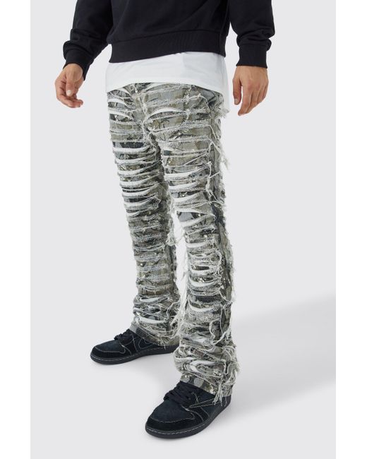 Boohoo Black Slim Stacked Flare Heavily Distressed Camo Trouser
