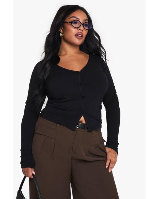 Boohoo Black Plus Soft Rib Button Cardigan