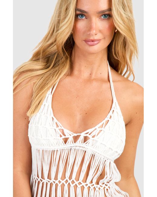 Crochet Tassel Hem Halterneck Beach Mini Dress Boohoo de color White