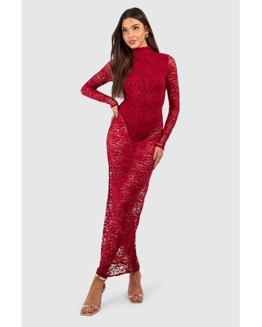 Boohoo Red Lace High Neck Backless Maxi Dress