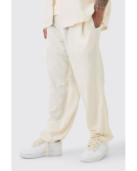 BoohooMAN White Plus Elasticated Waist Relaxed Linen Trouser In Natural for men
