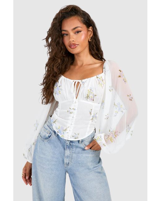 Boohoo White Floral Puff Long Sleeve Crop Top
