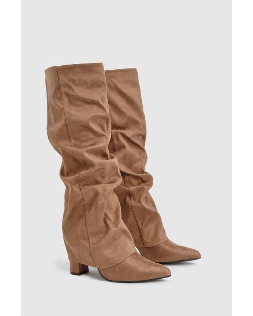 Boohoo Brown Faux Suede Ruched Fold Over Knee High Block Heel Boots