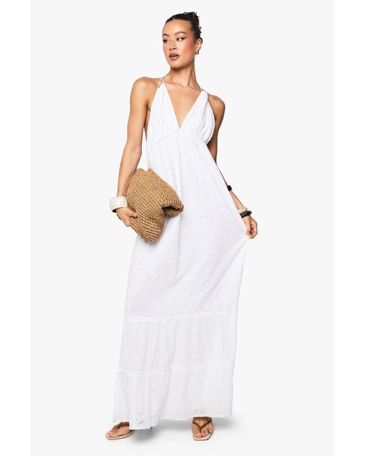 Boohoo White Tall Broderie Anglaise Halterneck Maxi Dress