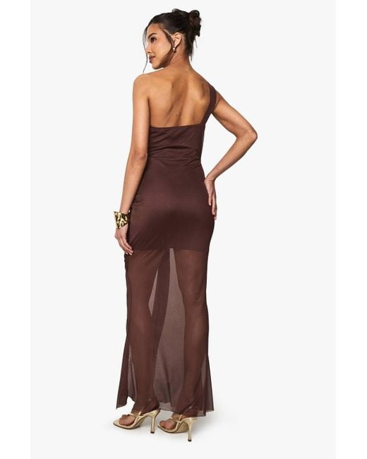 Boohoo Brown Mesh One Shoulder Ruched Maxi Dress