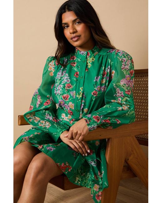 Oasis Green Petite Floral Organza Mini Shirt Dress