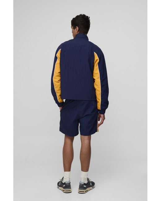 BoohooMAN Blue Regular Fit Crinkle Nylon Panelled Track Jacket for men