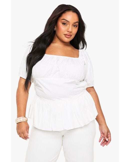Blusa Plus De Algodón Con Mangas Abullonadas Boohoo de color White