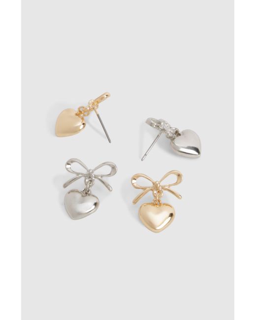 Boohoo White Bow & Heart Drop Earrings Multipack