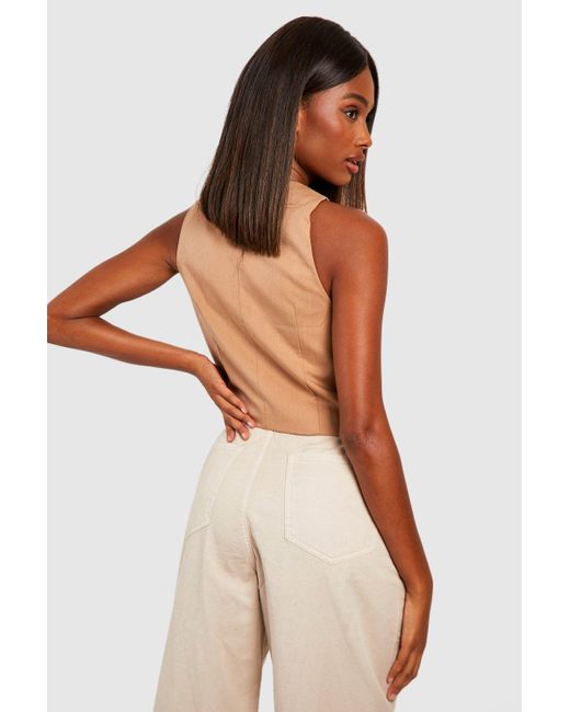 Boohoo Mock Horn Asymmetric Tailored Tank in Natural | Lyst