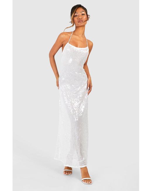 Boohoo White Sheer Sequin Strappy Low Back Maxi Dress