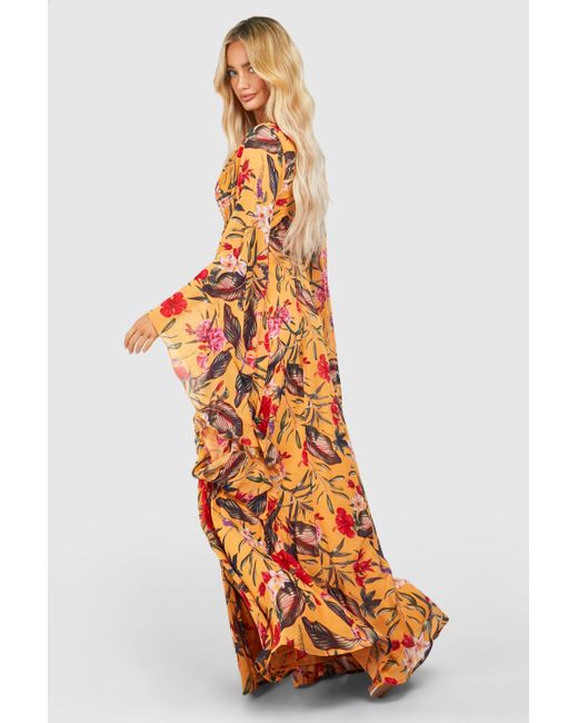 Boohoo Orange Tropical Floral Chiffon Print Cut Out Maxi Dress