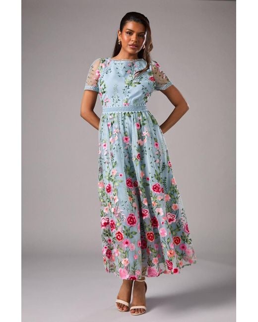 Coast Blue Petite Embroidered Mesh Midi Dress With Lace Trim