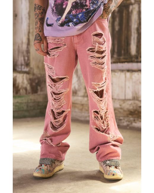 BoohooMAN Pink Baggy Rigid All Over Ripped Overdyed Jeans for men