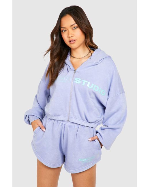 Boohoo Blue Dsgn Studio Washed Zip Through Boxy Fit Hoodie