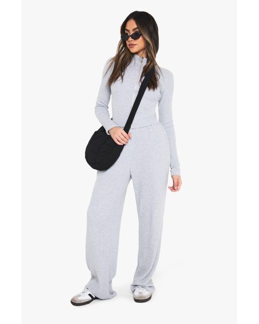 Boohoo White Waffle Zip Through Top Wide Leg Jogger Tracksuit