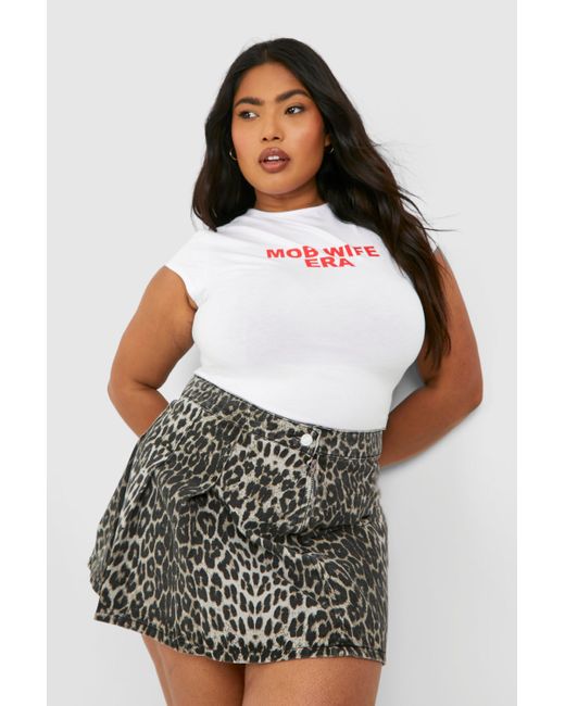 Boohoo White Plus Leopard Print Pleated Denim Tennis Skirt