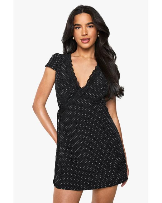 Boohoo Polka Dot Lace Trim Wrap Mini Dress in Black | Lyst
