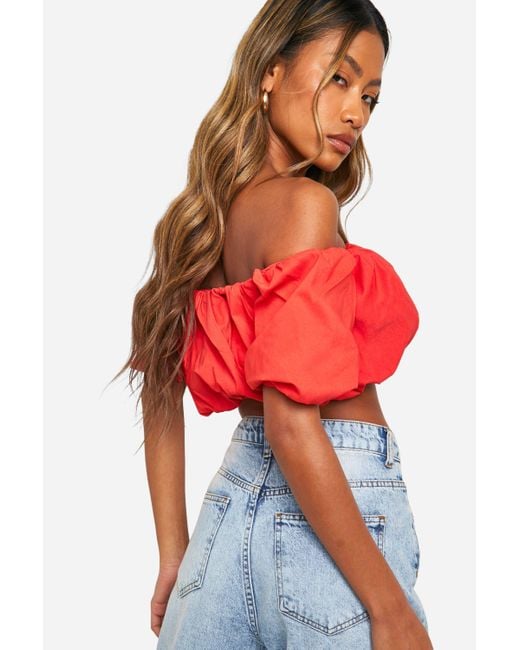 Boohoo Red Bengaline Puffball Bubble Top