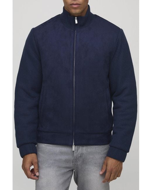 BoohooMAN Blue Regular Fit Textured Sleeve Faux Suede Funnel Neck Jacket for men