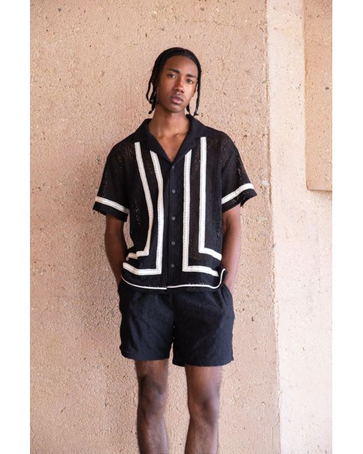 BoohooMAN Black Toosii Short Sleeve Boxy Crochet Border Shirt for men