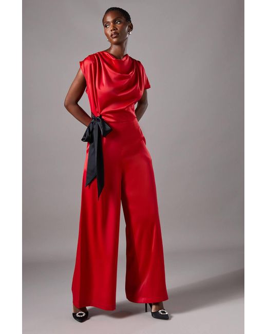 Coast Red Tie Side Satin Drape Wide Leg Jumpsuit