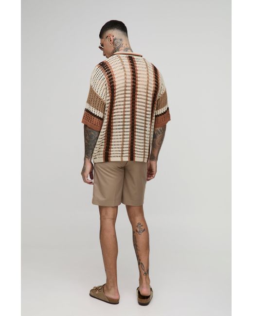 BoohooMAN Brown Tall Boxy Oversized Stripe Open Knit Polo for men