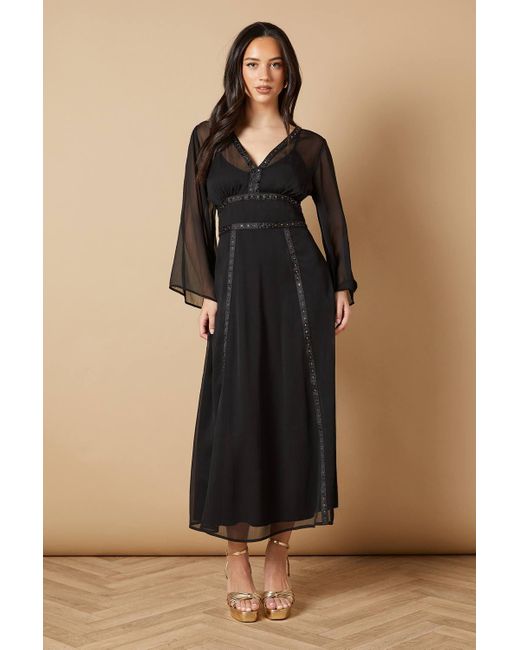 Oasis Black Floral Hand Embellished Trim V Neck Batwing Maxi Dress