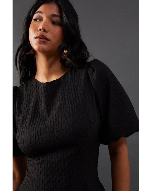 Warehouse Black Seersucker Organza Godet Side Puff Sleeve Midi Dress