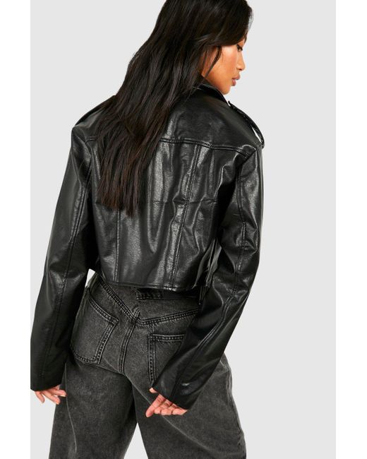 Boohoo Black Cropped Faux Leather Biker Jacket