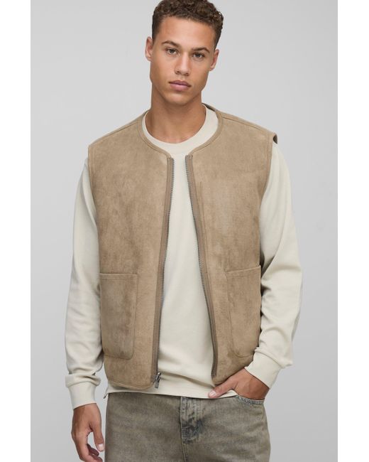 BoohooMAN Tall kastige wendbare Oversize Borg-Weste & Wildleder-Weste in Natural für Herren