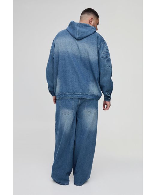 Sudadera Plus Vaquera Motera Con Capucha Y Bajorrelieve Boohoo de color Blue