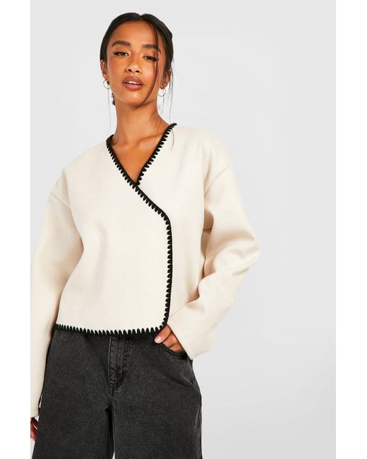 Boohoo White Petite Contrast Stitch Wool Look Boxy Jacket