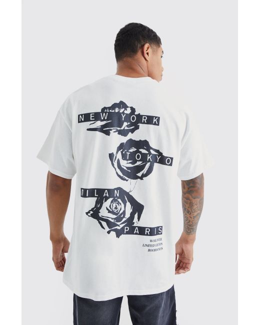 BoohooMAN White Oversized Graffiti Rose Graphic T-shirt for men