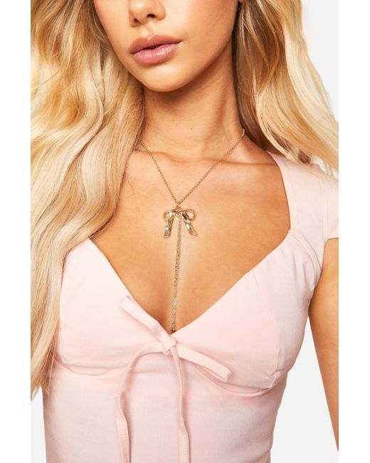 Boohoo Natural Bow Tie Detail Plunge Necklace
