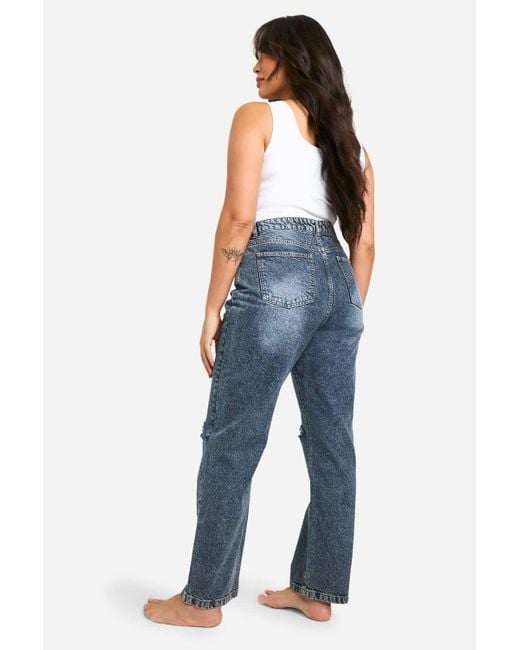 Boohoo Blue Plus Basics High Waisted Straight Leg Ripped Knee Jeans
